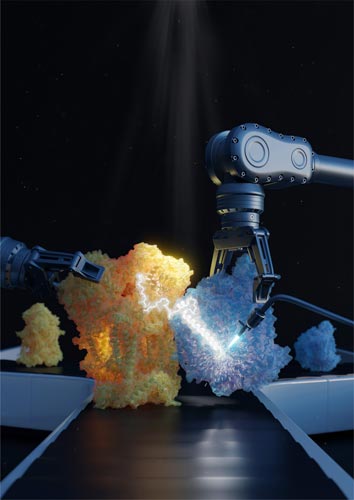 Supercomplex CIII2CIV. When assembled into a supercomplex, the two parts of CIII2CIV are held together by a molecule that acts like a fishhook. This optimizes the cell metabolism. © Verena Resch Luminous Lab/IST Austria