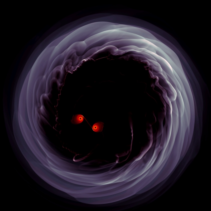 Two black holes orbiting one another and sending gravitational waves through space and time.