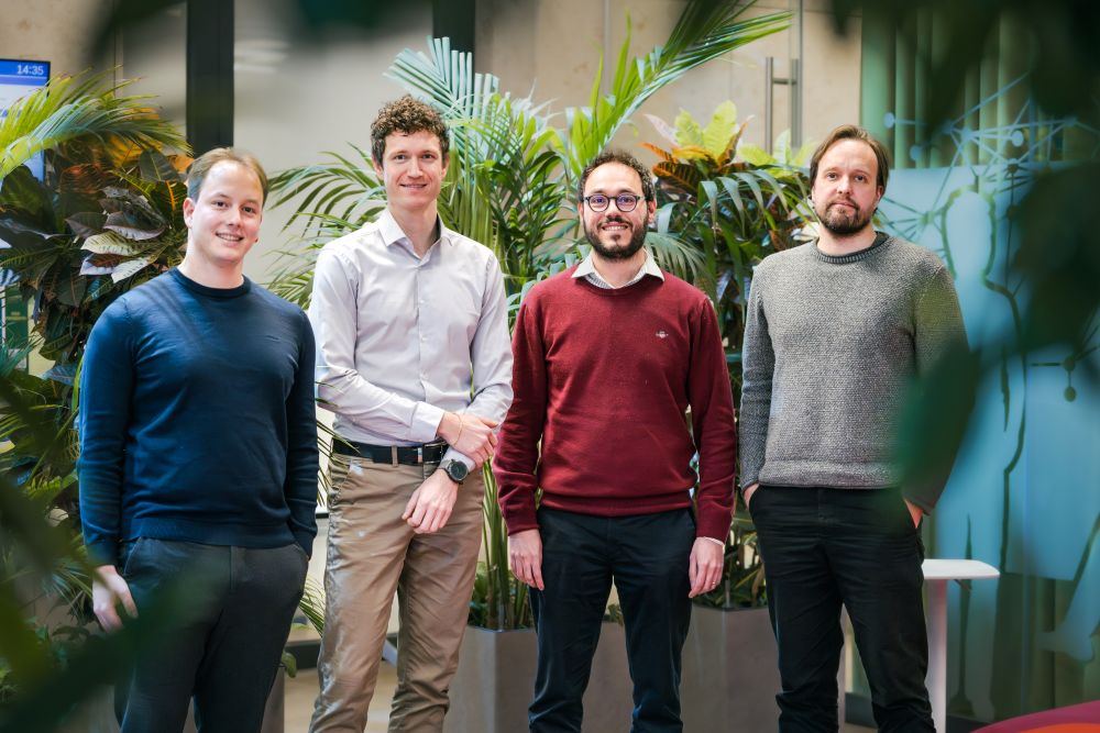 The ISTA team’s interdisciplinary study combines expertise in information theory, mathematics, genomics, and software engineering. Left to right: Al Depope, Jakub Bajzik, Marco Mondelli, and Matthew Robinson.